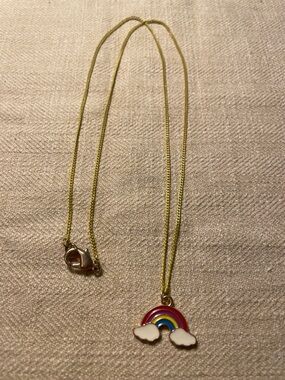 Rainbow Pendant Necklace with White Clouds on long Yellow Chain 24”